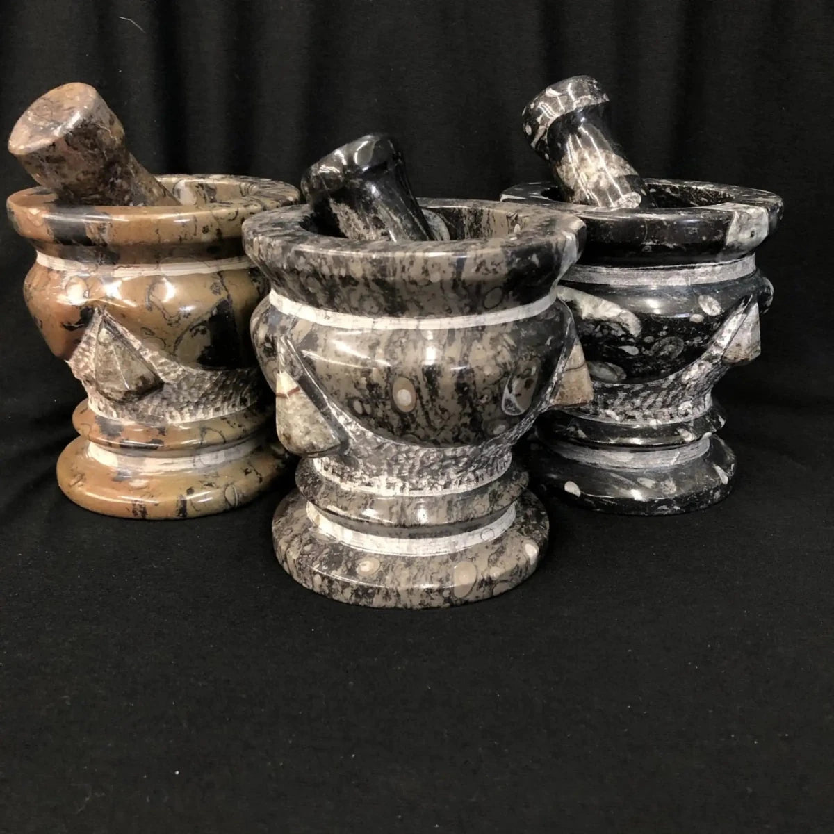 Natural Fossil Mortar and Pestle Gray and Black Stone