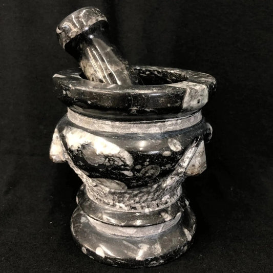 Natural Fossil Mortar and Pestle Gray and Black Stone
