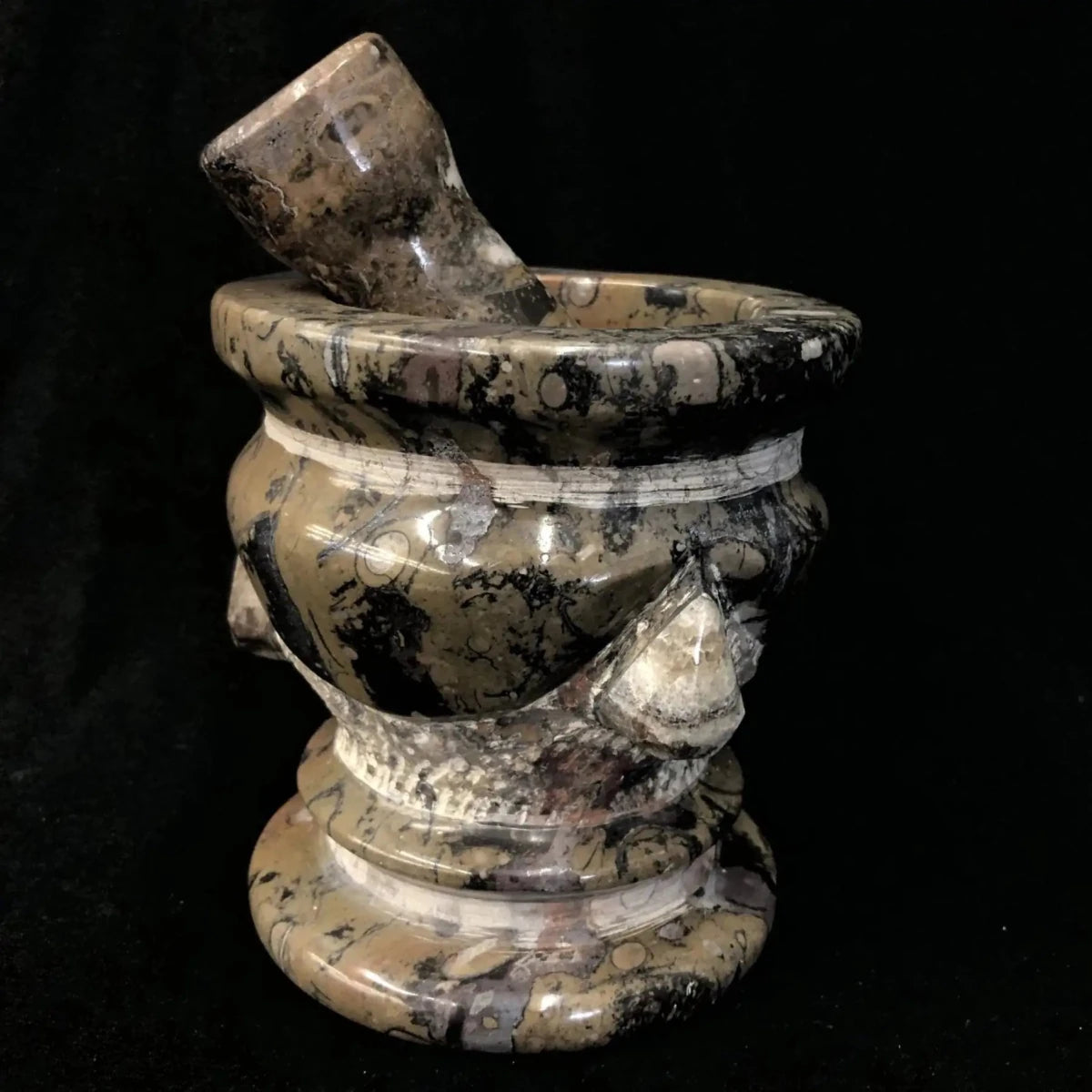 Natural Fossil Mortar and Pestle Gray and Black Stone