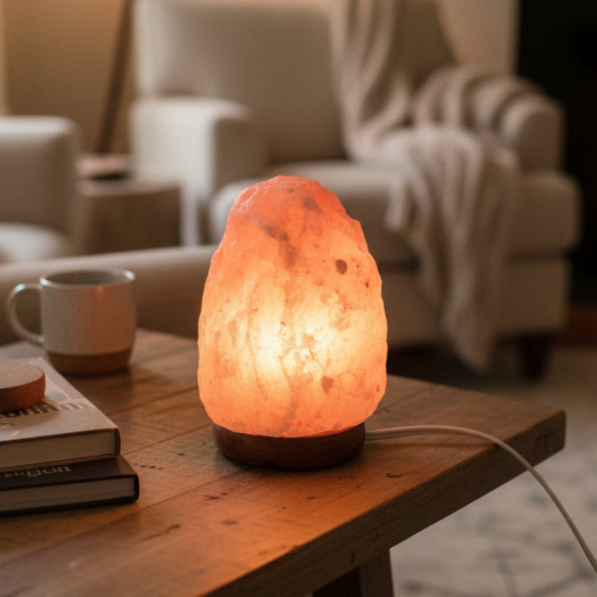 Pink Himalayan salt lamp with the light switch turned on, in a living area. 