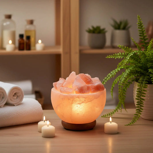 Natural Himalayan Salt Lamp From Nepal Dry Salt Bowl in a spa setting.