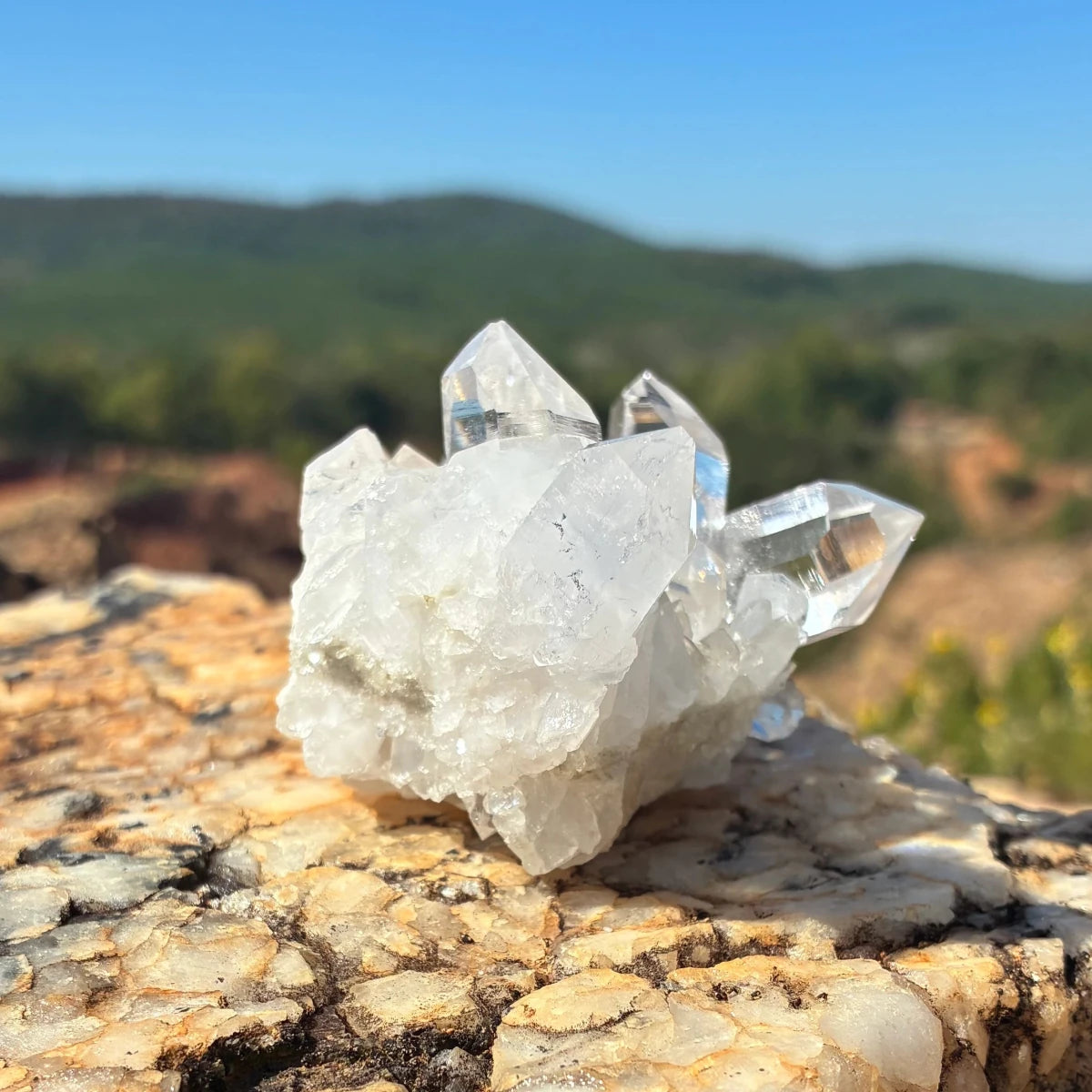 Left side of this small quartz crystal cluster on a boulder outdoors.