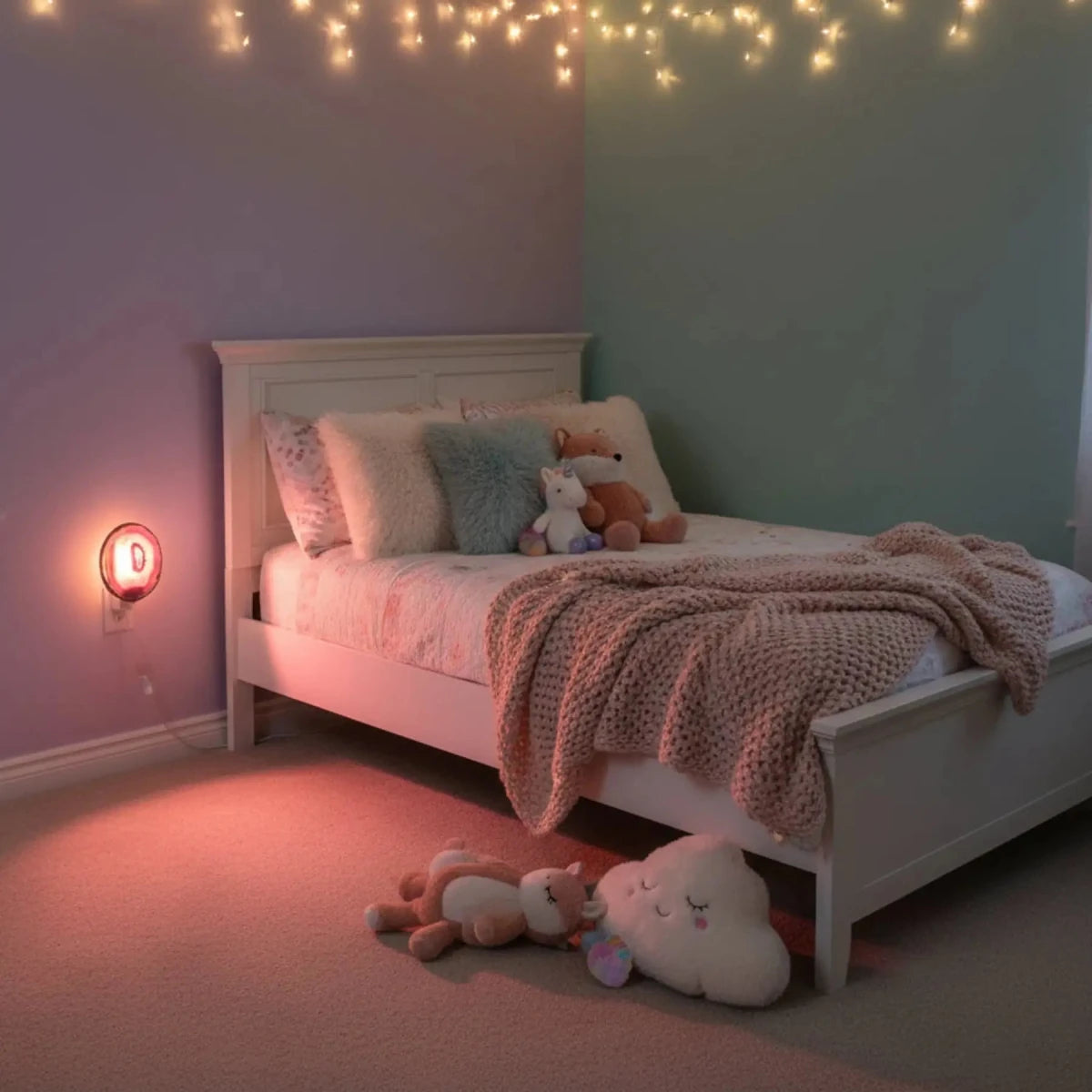 Nightlight Agate Slice Dyed Mineral Lighting, in a girl's bedroom.