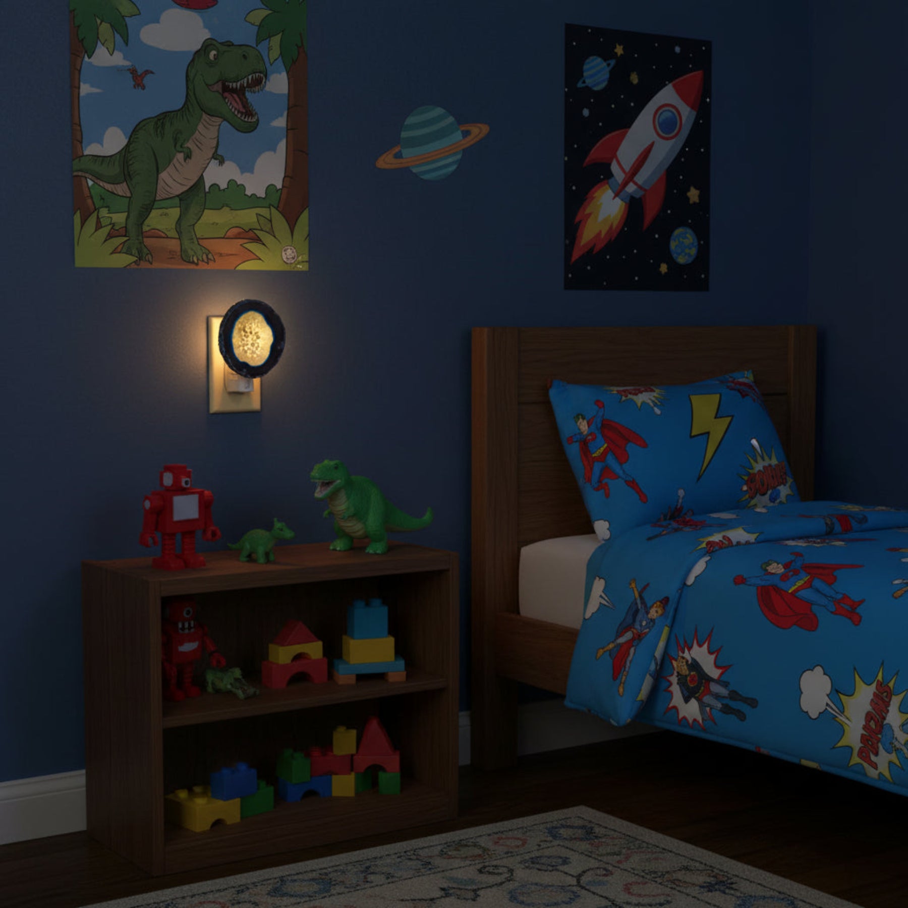 This is the blue agate night light, with the light turned on, in a boy's room.