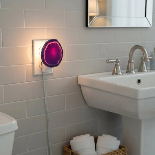 Nightlight Agate Slice Dyed Mineral Lighting in a white bathroom.