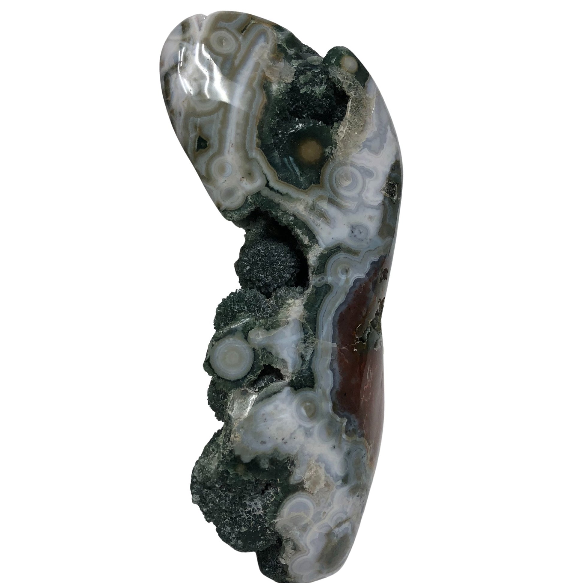 Alternative Side View Of Ocean Jasper Showing Polished Edges And Rough Druzy Crystals