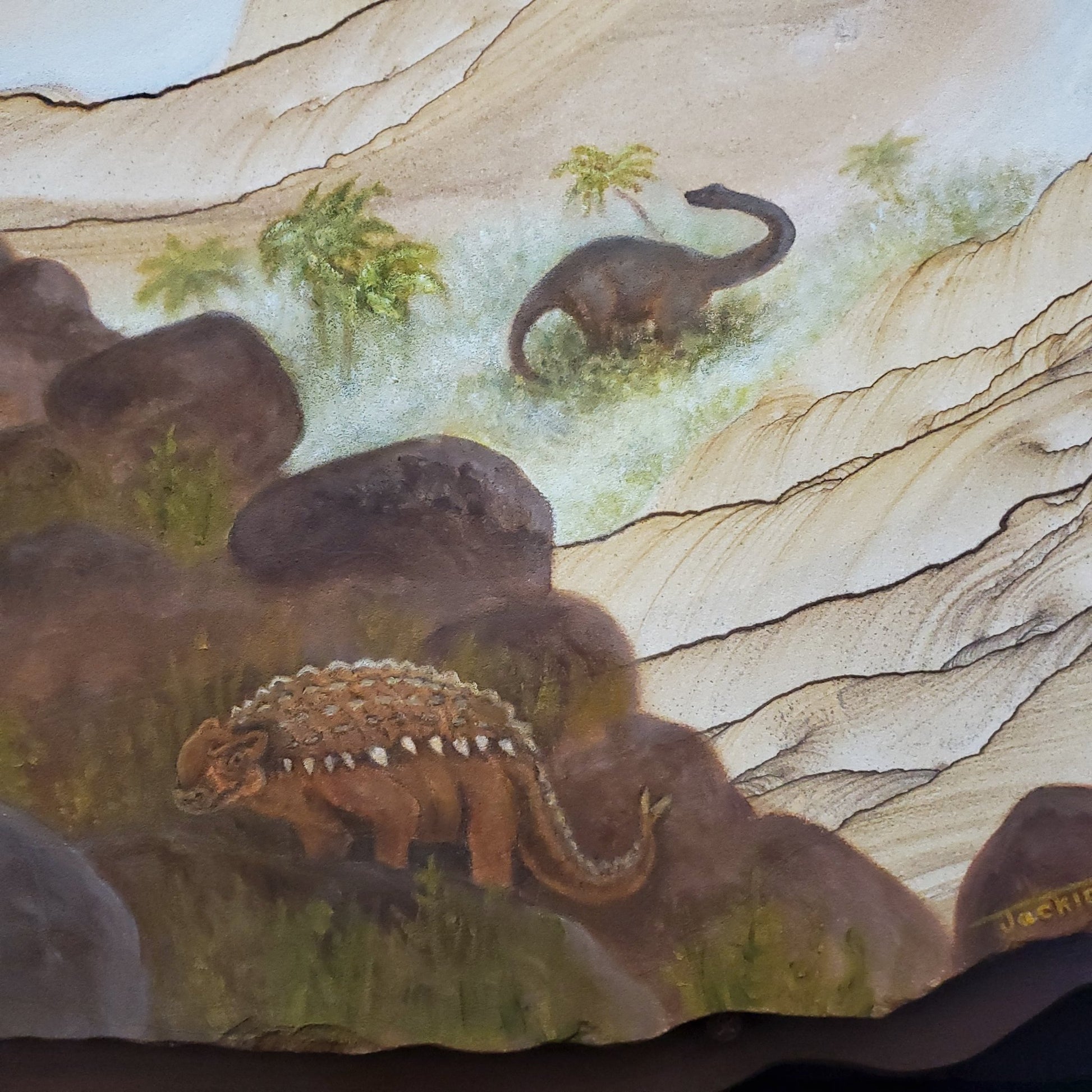 Sandstone Painting T-Rex Dinosaur Scene Close Up