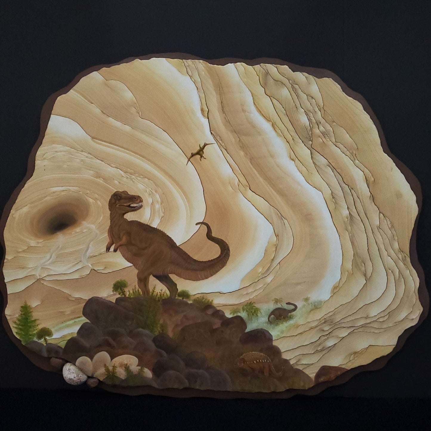 Sandstone Painting T-Rex Dinosaur Scene