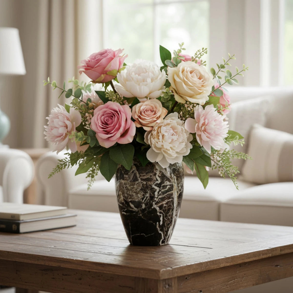 Black and white onyx vase with flowers, and in a living area.