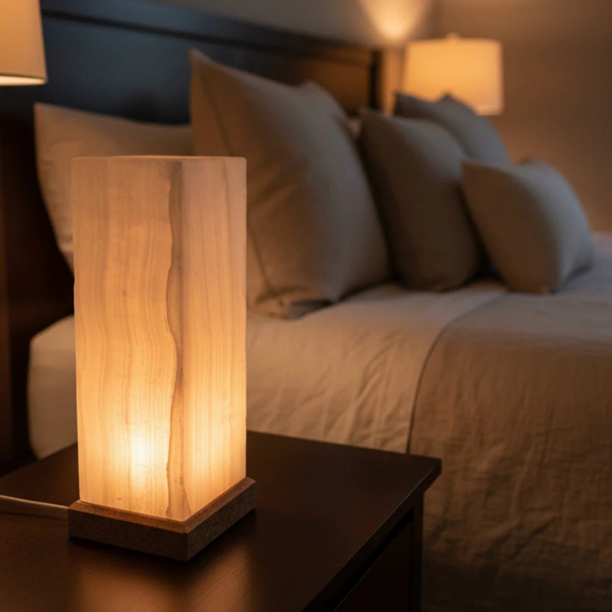 Onyx lamp on a bedside table in a bedroom.