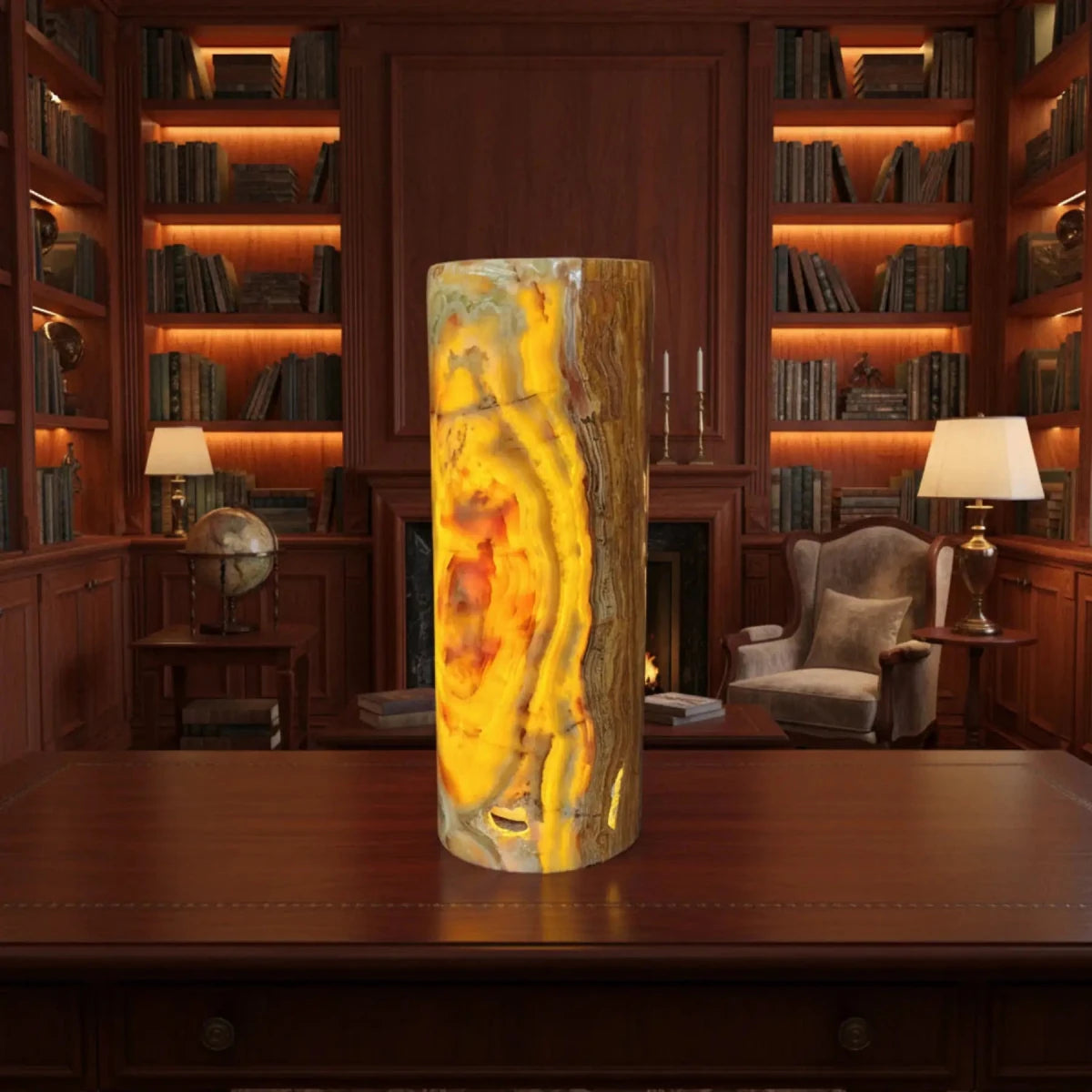 This is the polished onyx cylinder lamp with the lamp turned on, in a library.