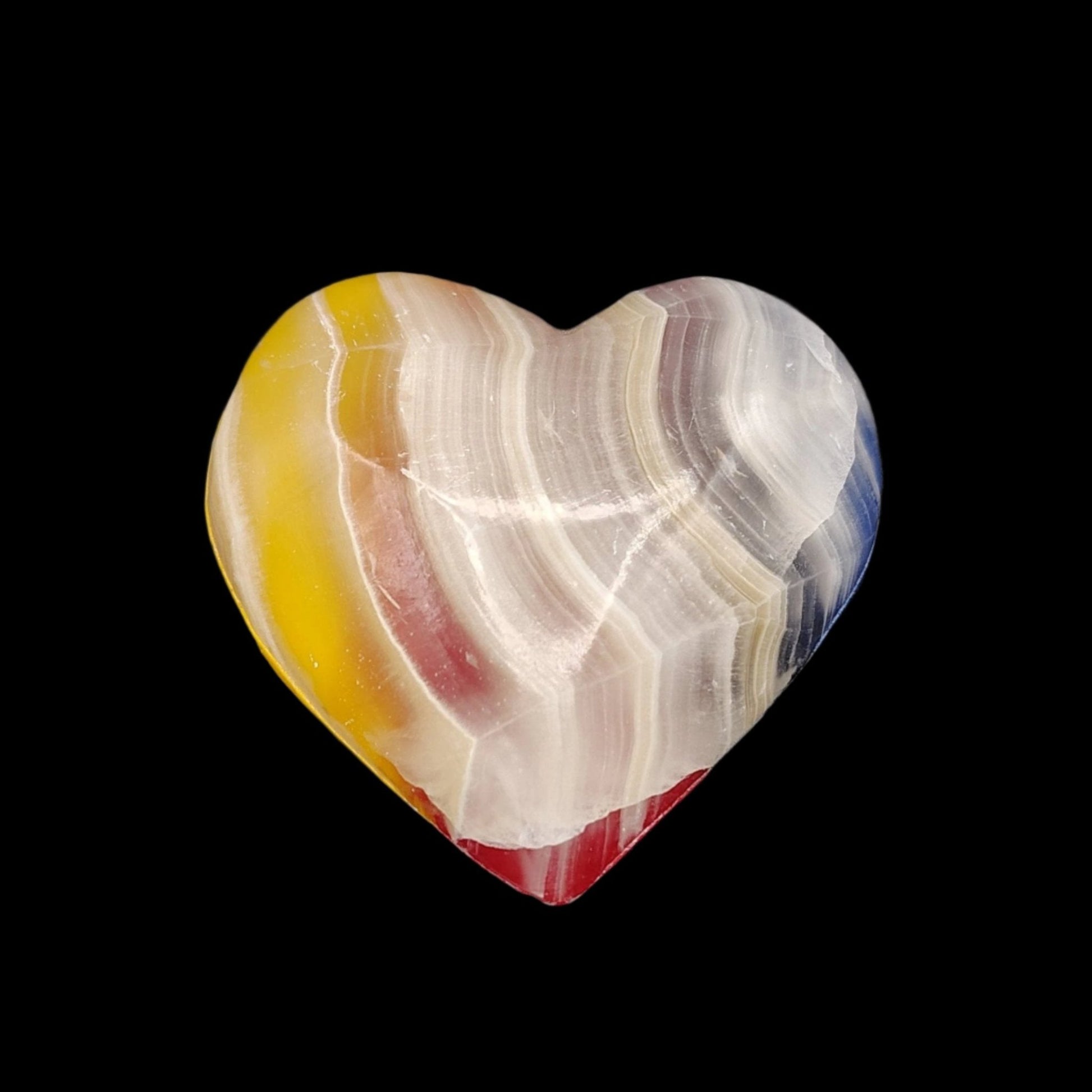 This is the front side of the rainbow Onyx heart. White, yellow, blue, and red in color.