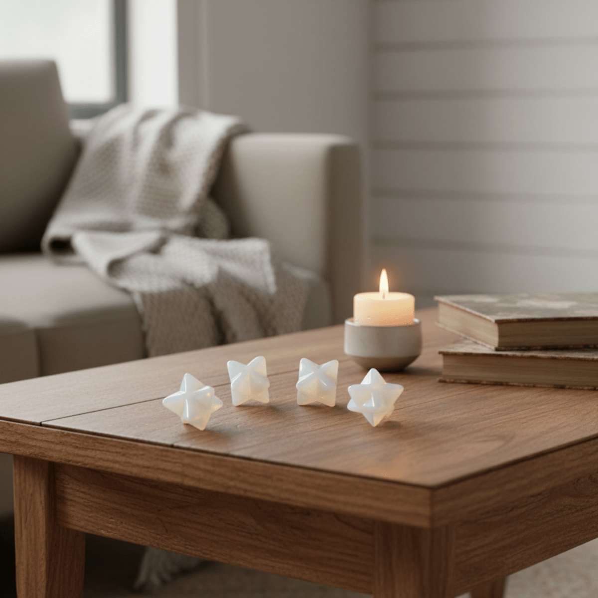 Opalite merkaba's on a coffee table in a living area.