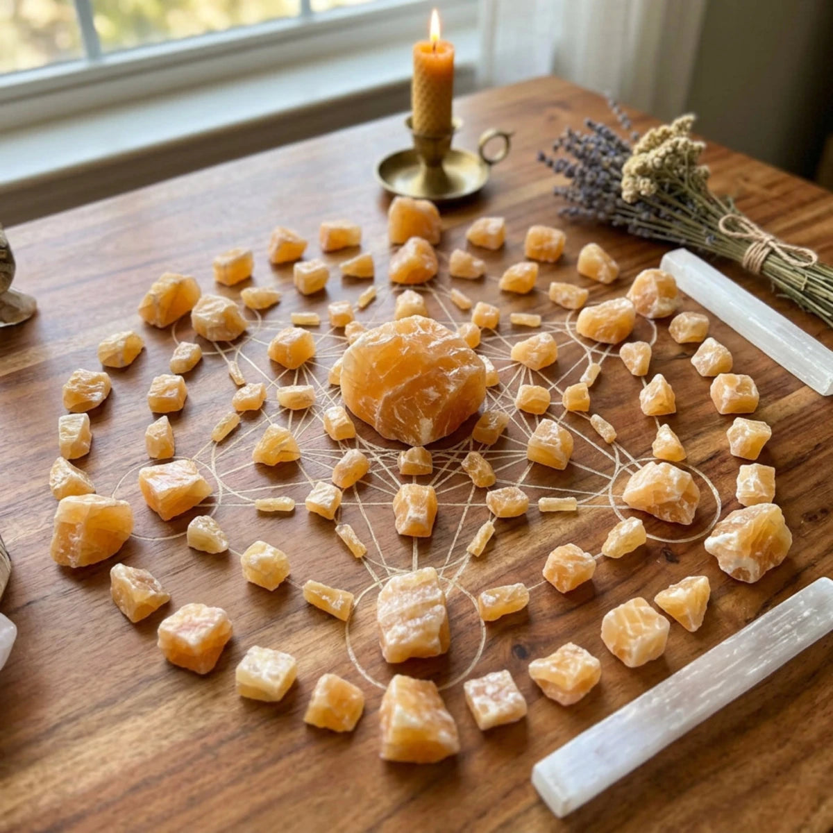 Orange Calcite used to make a indoor crystal grid on a wooden table.