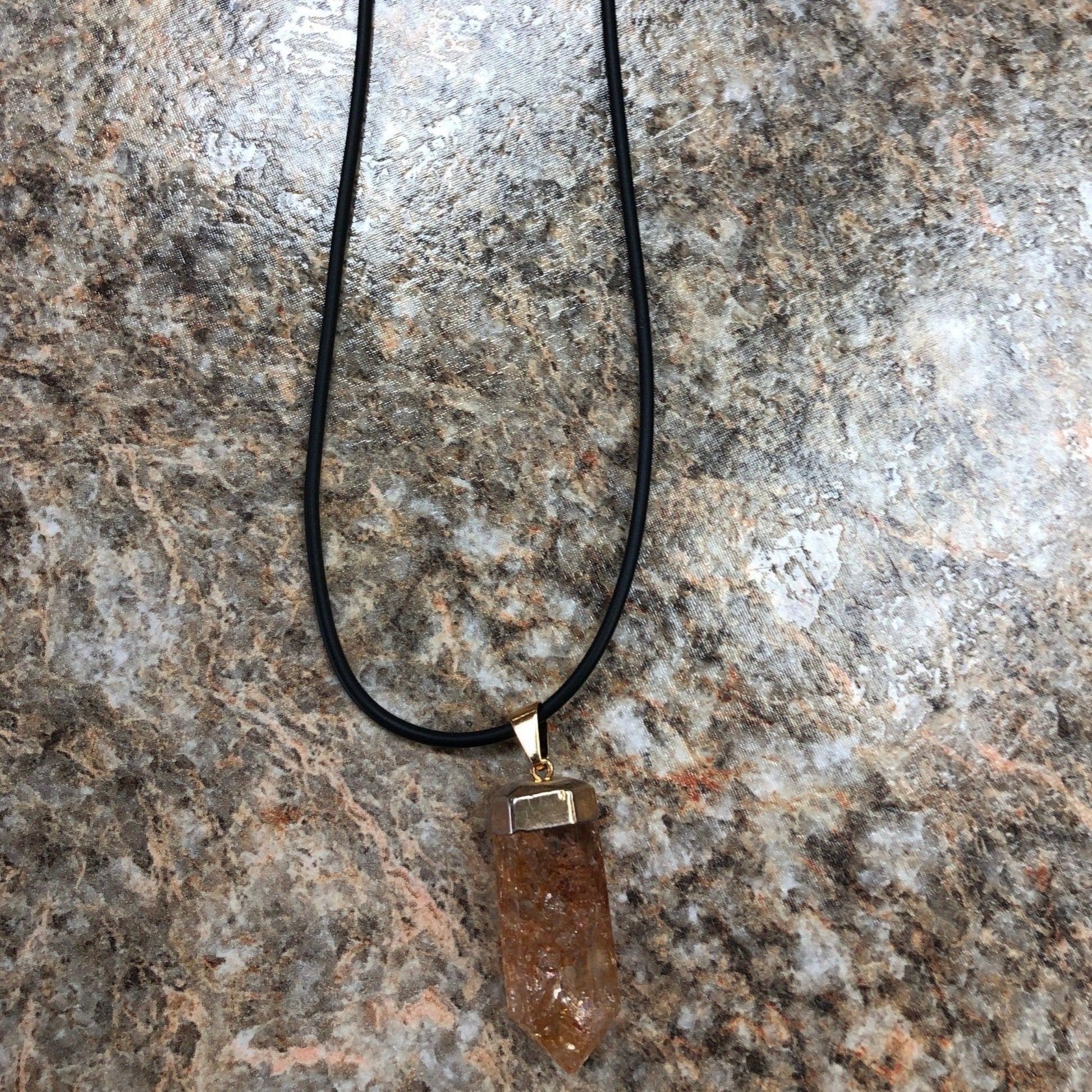 Crackle Quartz Pendant On Black Rubber Necklace