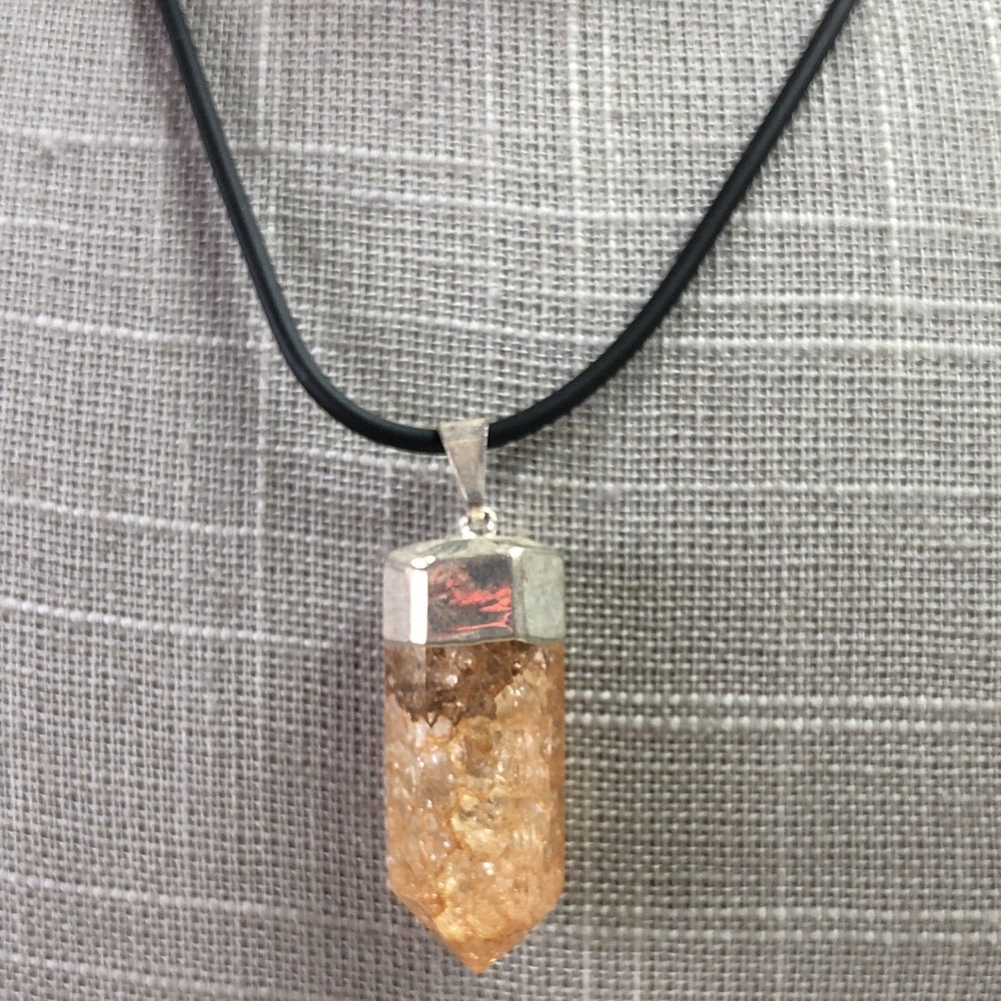 Crackle Quartz Orange Pendant On Black Rubber Necklace