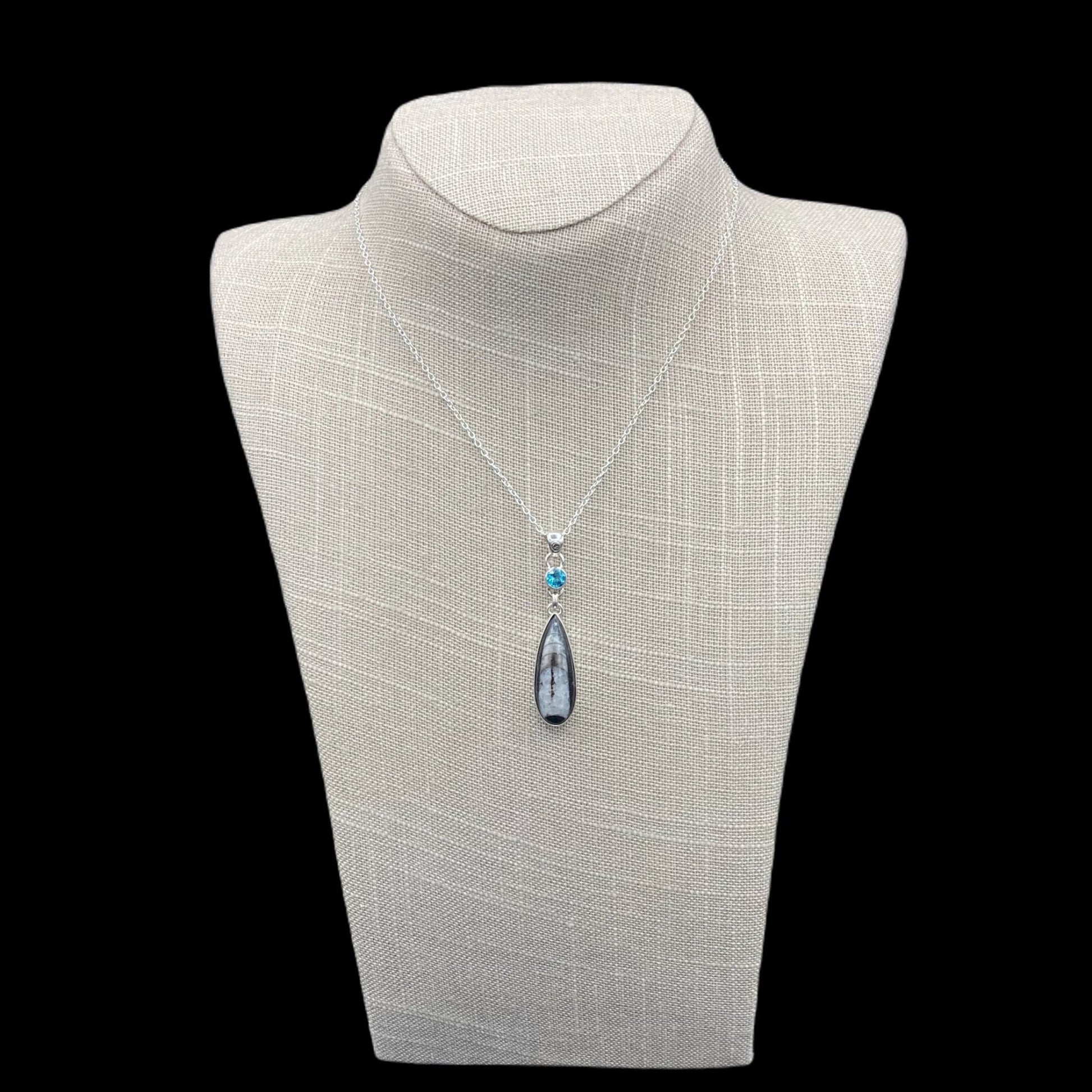 Orthoceras And Blue Topaz Pendant Necklace, Pendants Are Black Grey And Blue