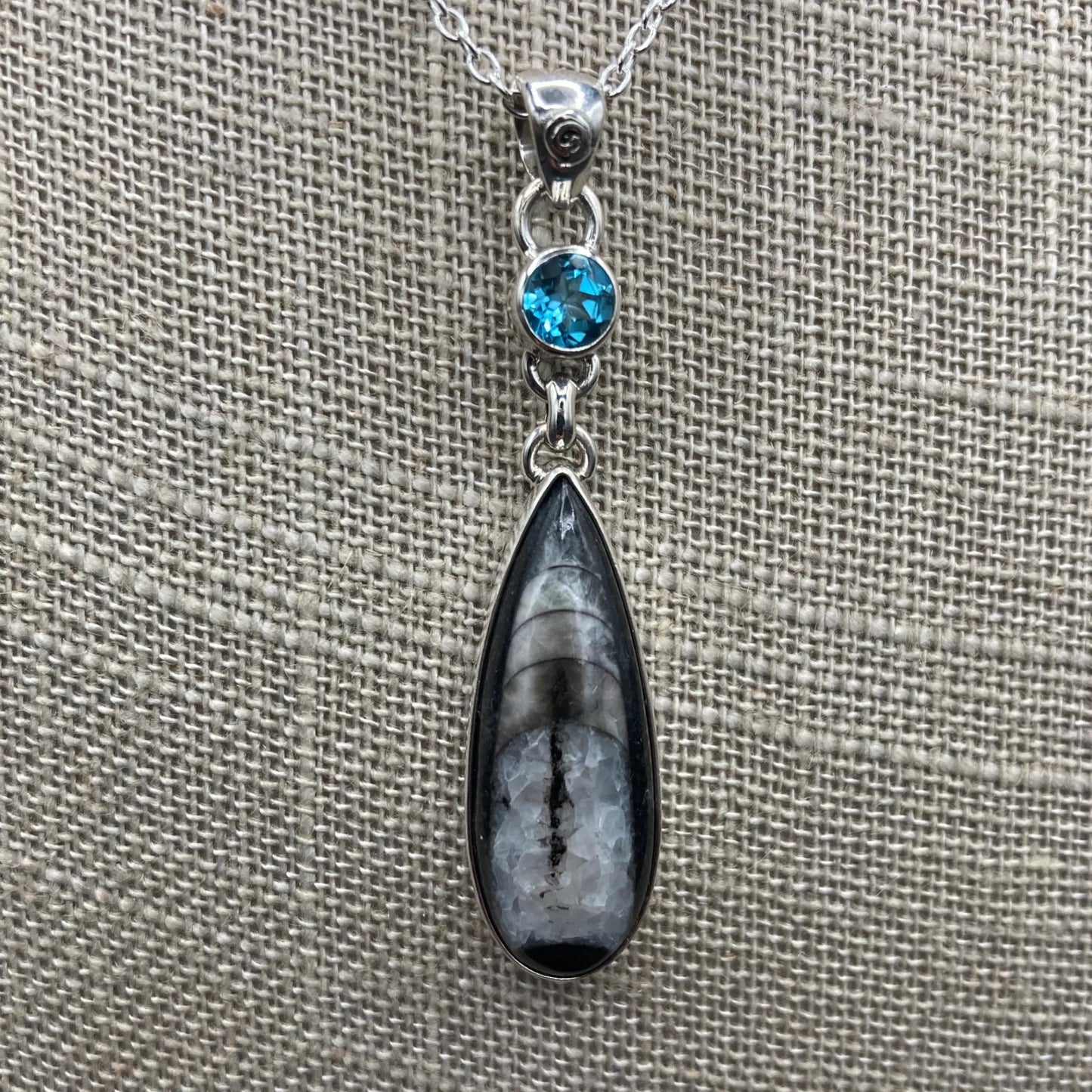 Close Up Of Orthoceras And Blue Topaz Pendants, Black Grey And Blue In Color