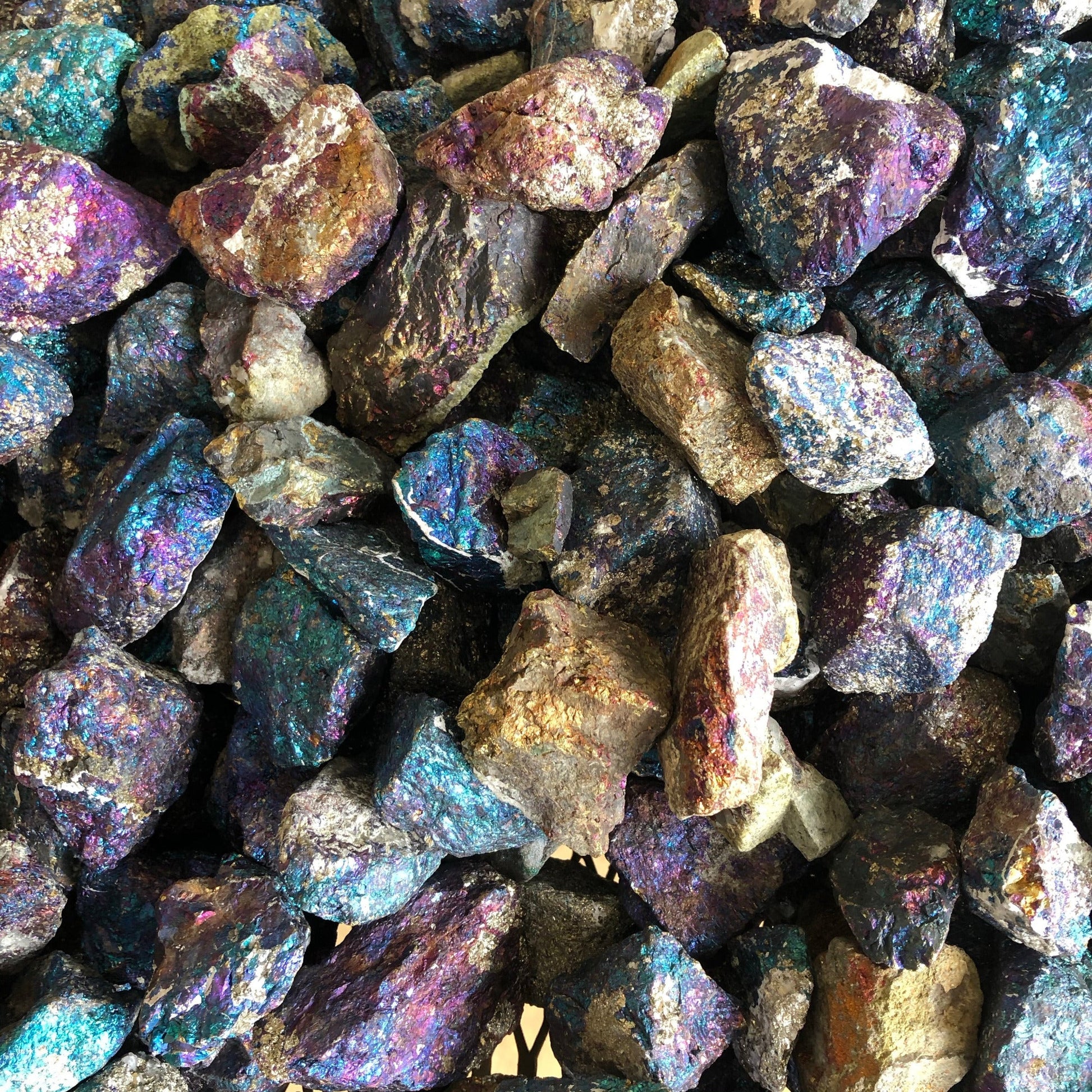 Table Filled With Peacock Pyrite - note the range of natural colors