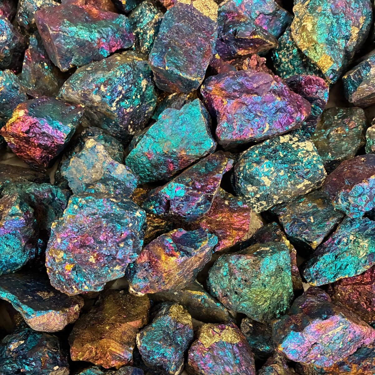 Group photo of multi-colored Peacock Pyrite.