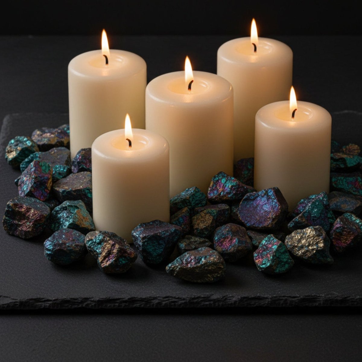 Peacock Pyrite used as decor around candles, with a black background.