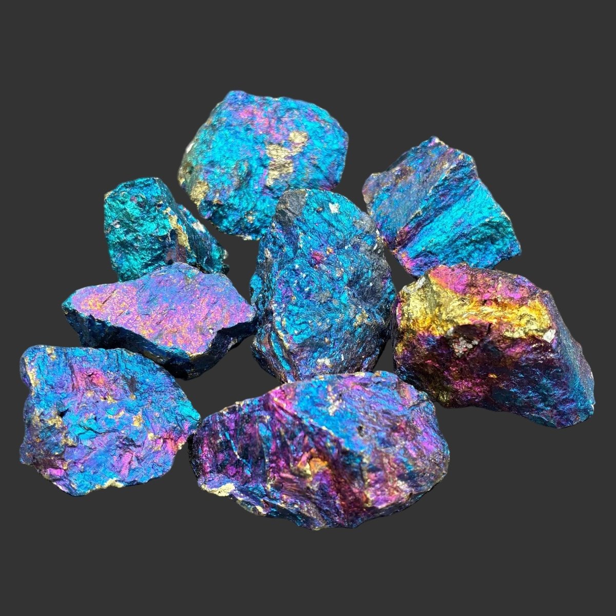 Group of 8 pieces of multi-colored peacock pyrite.