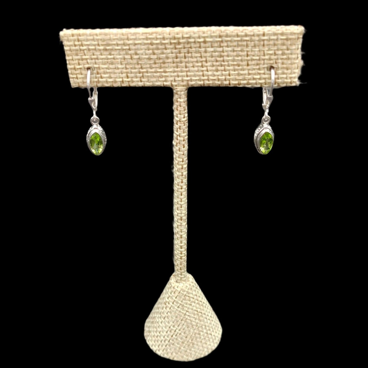 This is the front view of these Sterling Silver and Green Peridot marquise earrings