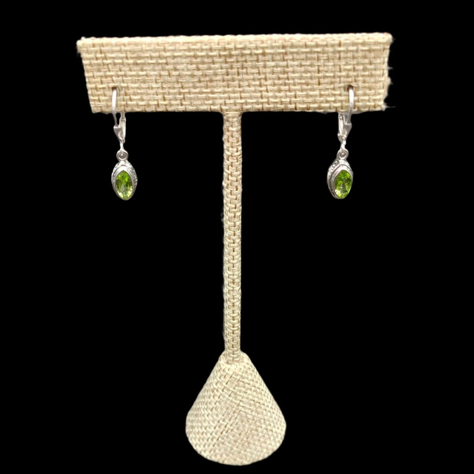 This is the front view of these Sterling Silver and Green Peridot marquise earrings