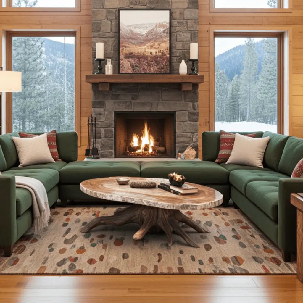 Cozy living room with green sectional sofa, stone fireplace, and mountain view.