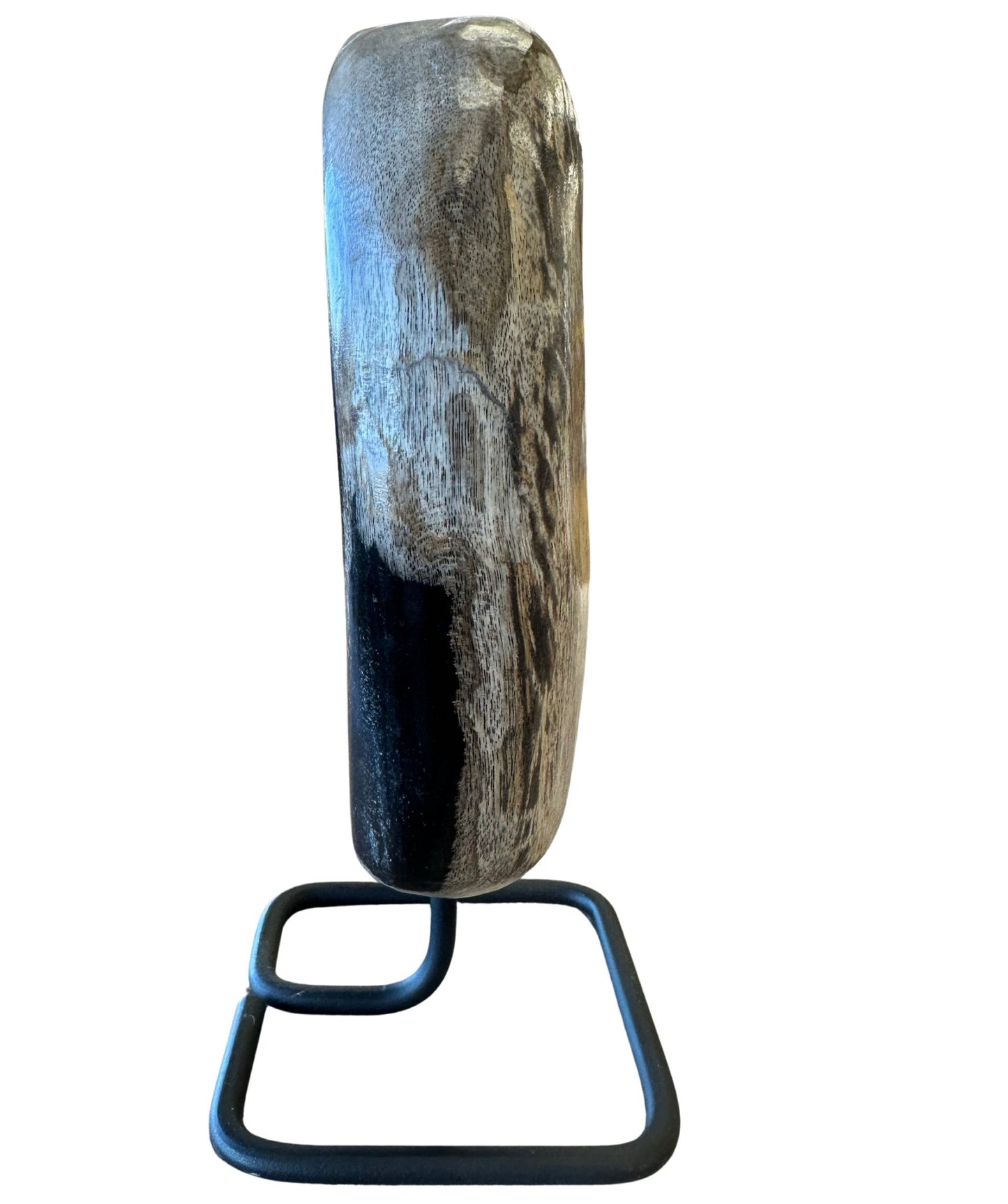 Side View Of Petrified Wood On Black Metal Stand