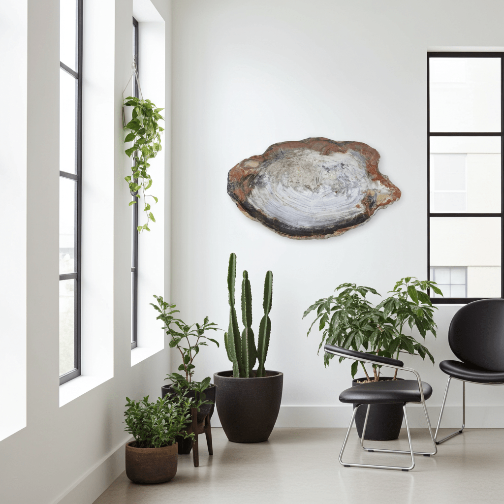 Modern interior with potted plants and a large wooden wall piece.