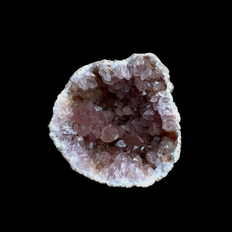 Front Side Of Pink Amethyst Geode, Inside Is Covered In Light Pink Crystals