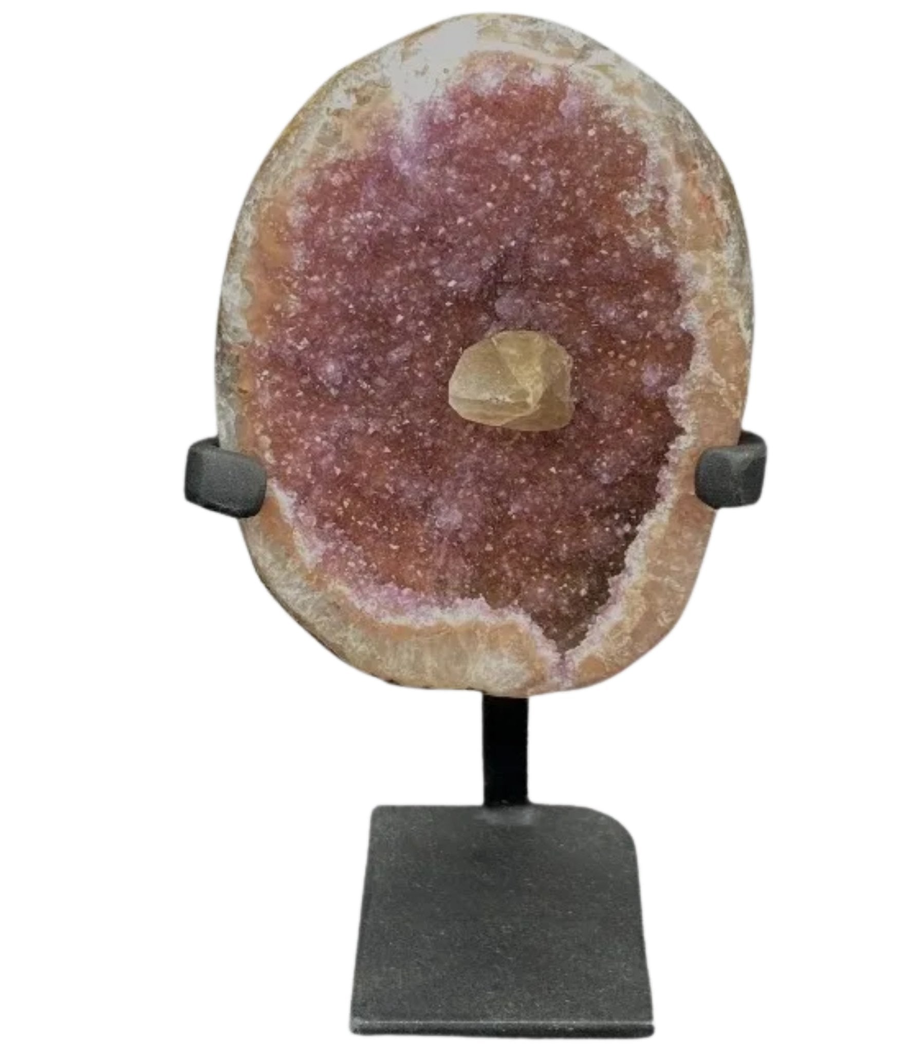 Pink Amethyst Crystal Geode With Calcite On Stand