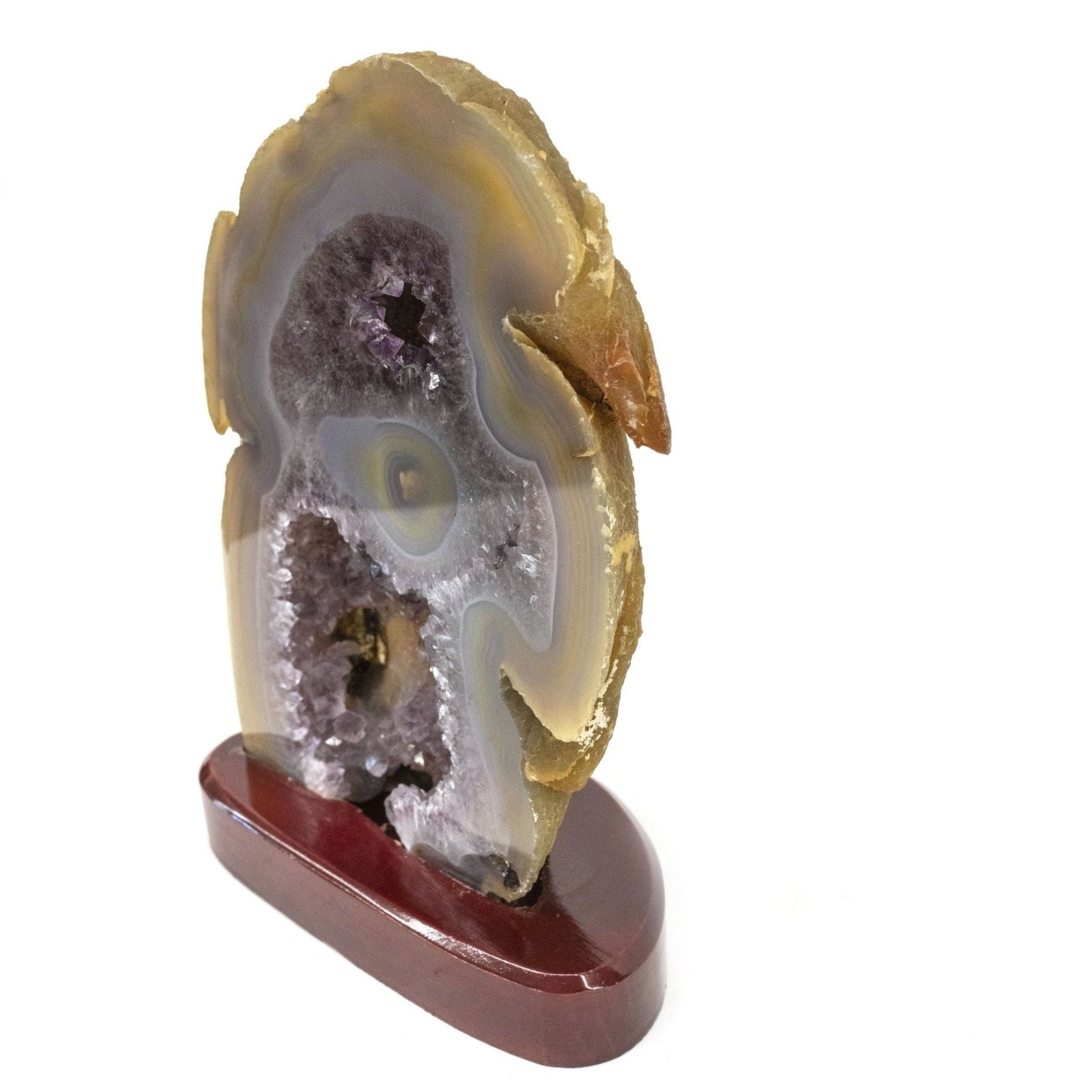 Side View Agate With Clear Druzy Specimen On Wood Display Stand