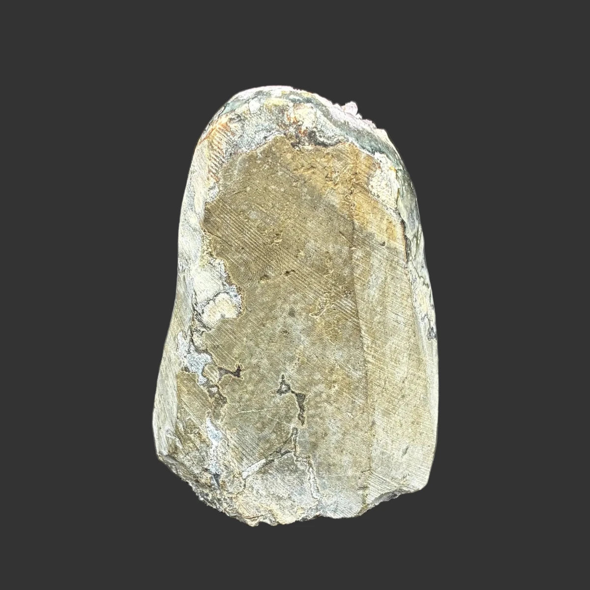 Back side of this purple amethyst cut base specimen, in front of a black background.