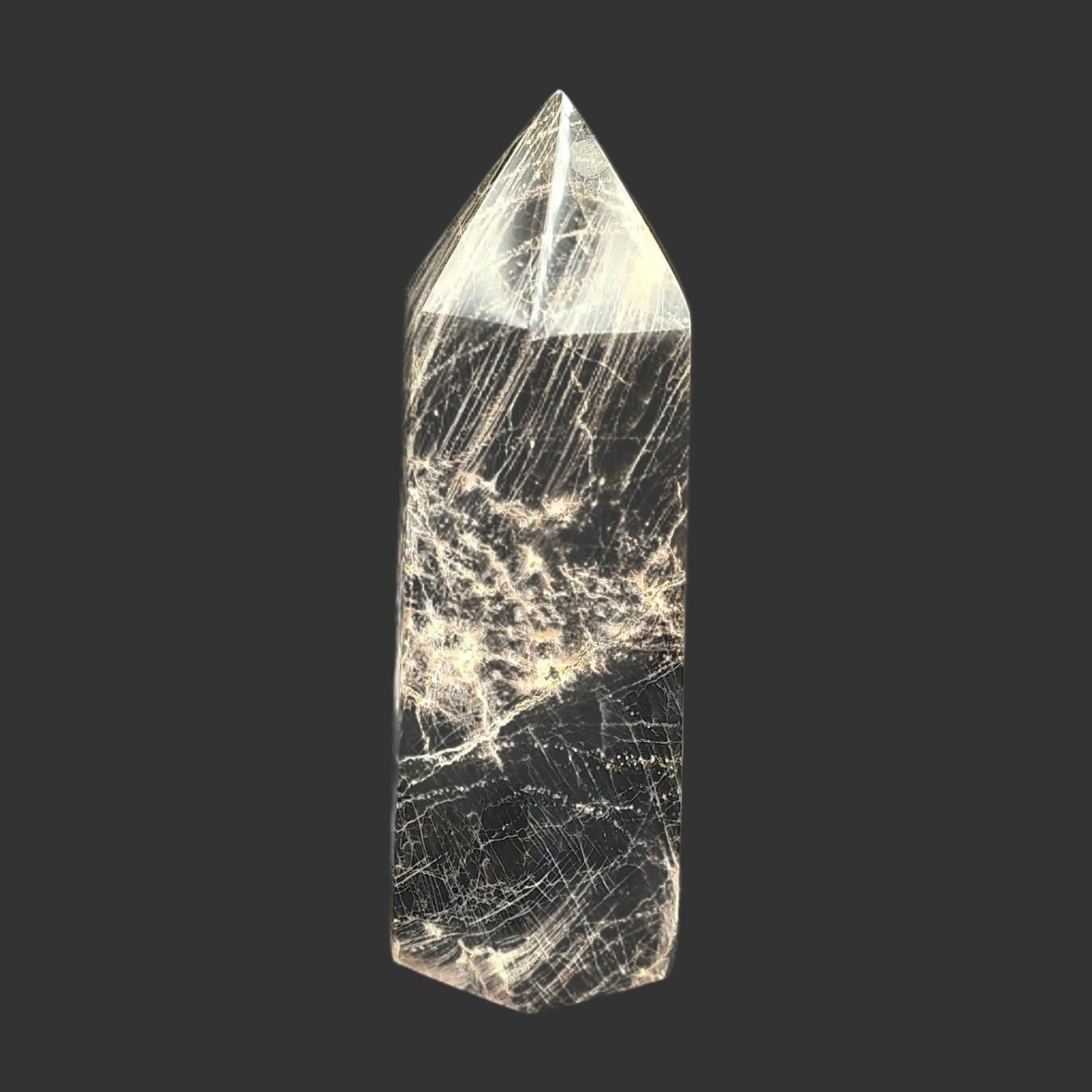 This is the left side of this cut and polished black moonstone point.