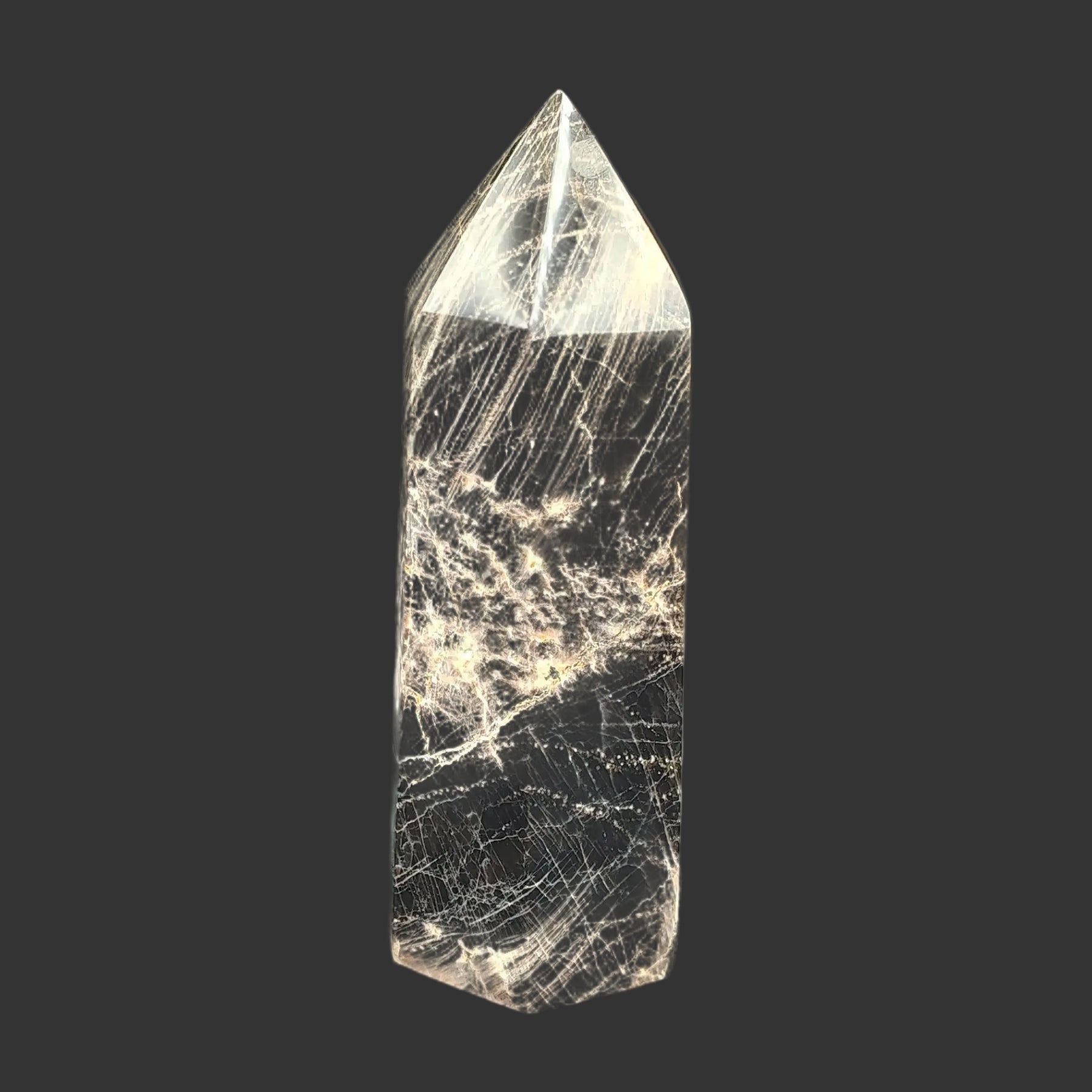This is the left side of this cut and polished black moonstone point.
