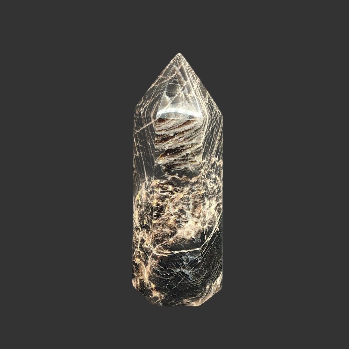 This is the front side of this cut and polished black moonstone point.