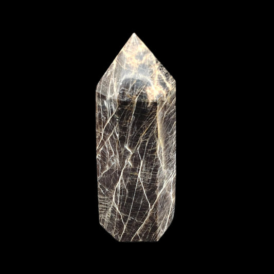 This is the front side of this black Moonstone point