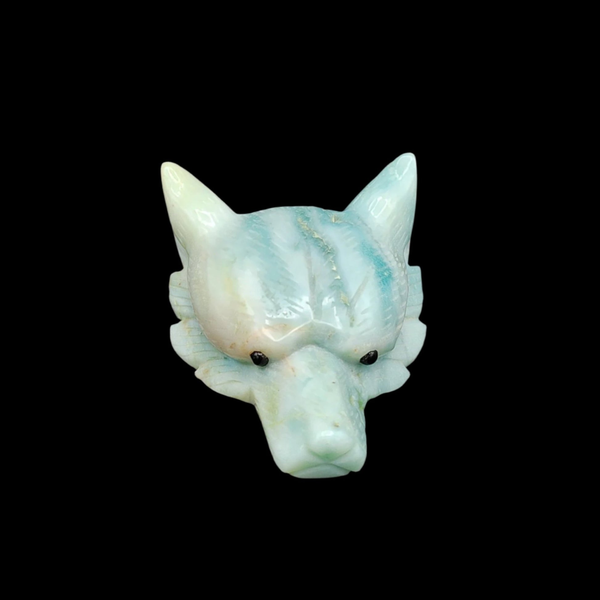 This is the front side view of this polished  Amazonite wolf head 