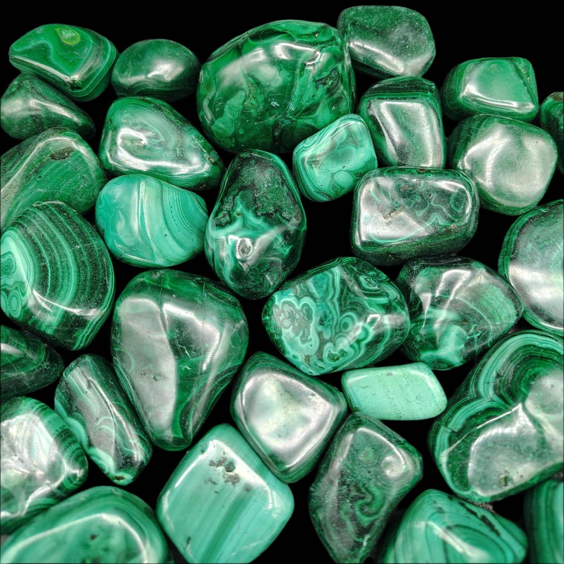 Close up of tumbled Malachite stones