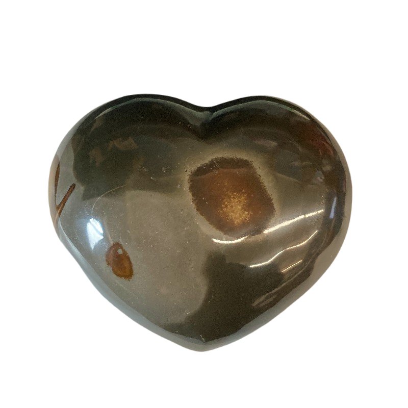 Back Side Of Polished Black, Grey, And Brown Polychrome Jasper Heart