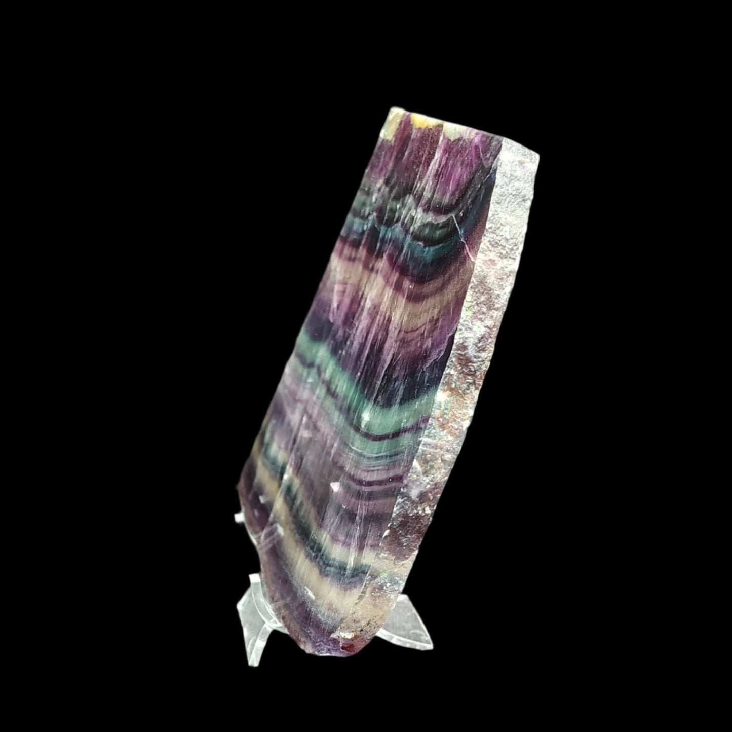 This is the side view of this purple and green polished fluorite slab