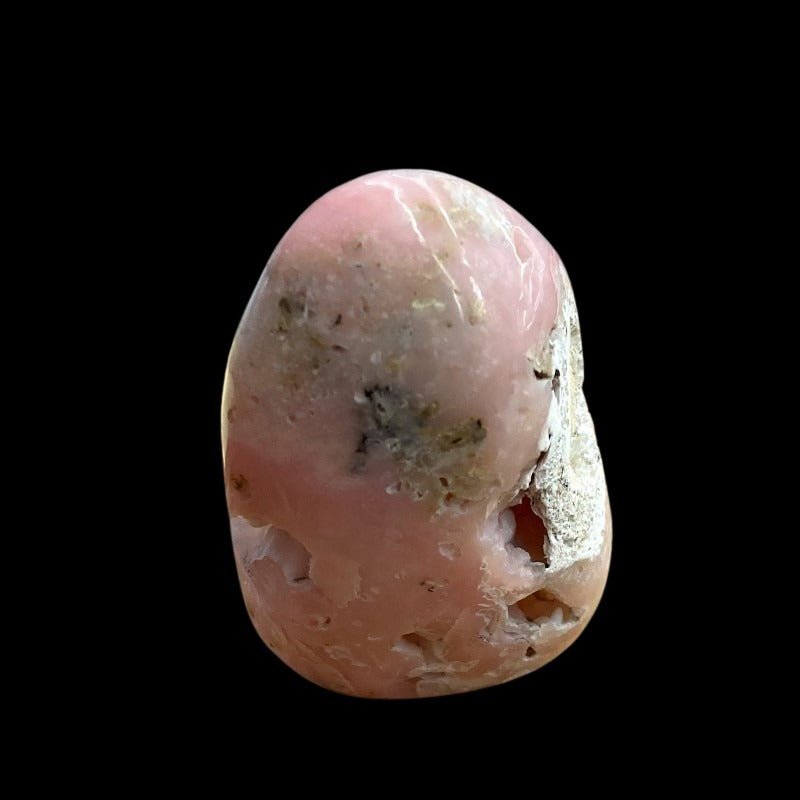 Front Side Of Polished Free Standing Pink Opal Cut Base, Smooth Pink White And Gray