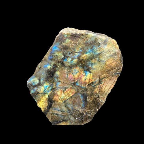 Fpecimen, Polished Green And Shimmering Blue And Yellow Flash In Coloront Of Polished Front Labradorite Sr