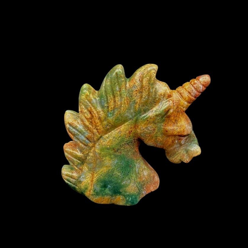 Right Side Of Moss Agate Unicorn Figurine