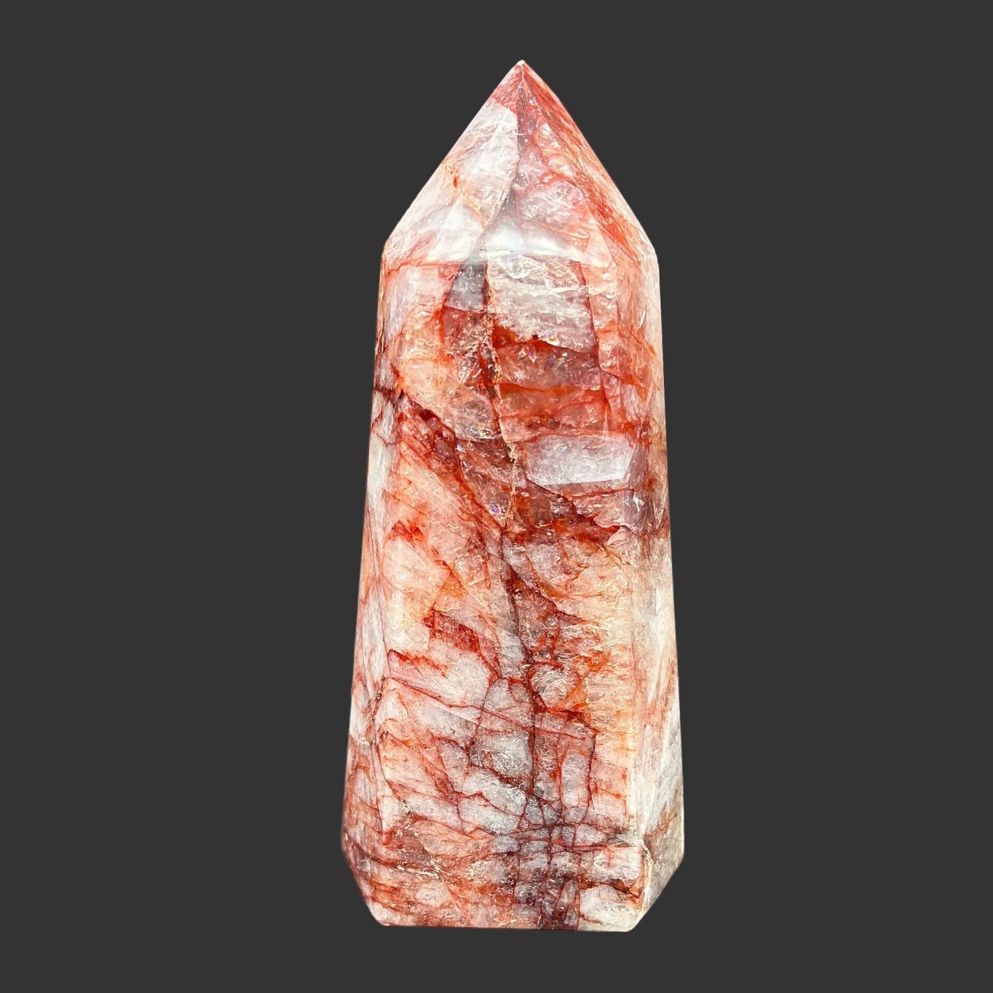 This is the front side of this polished red and white Hematoid tower.