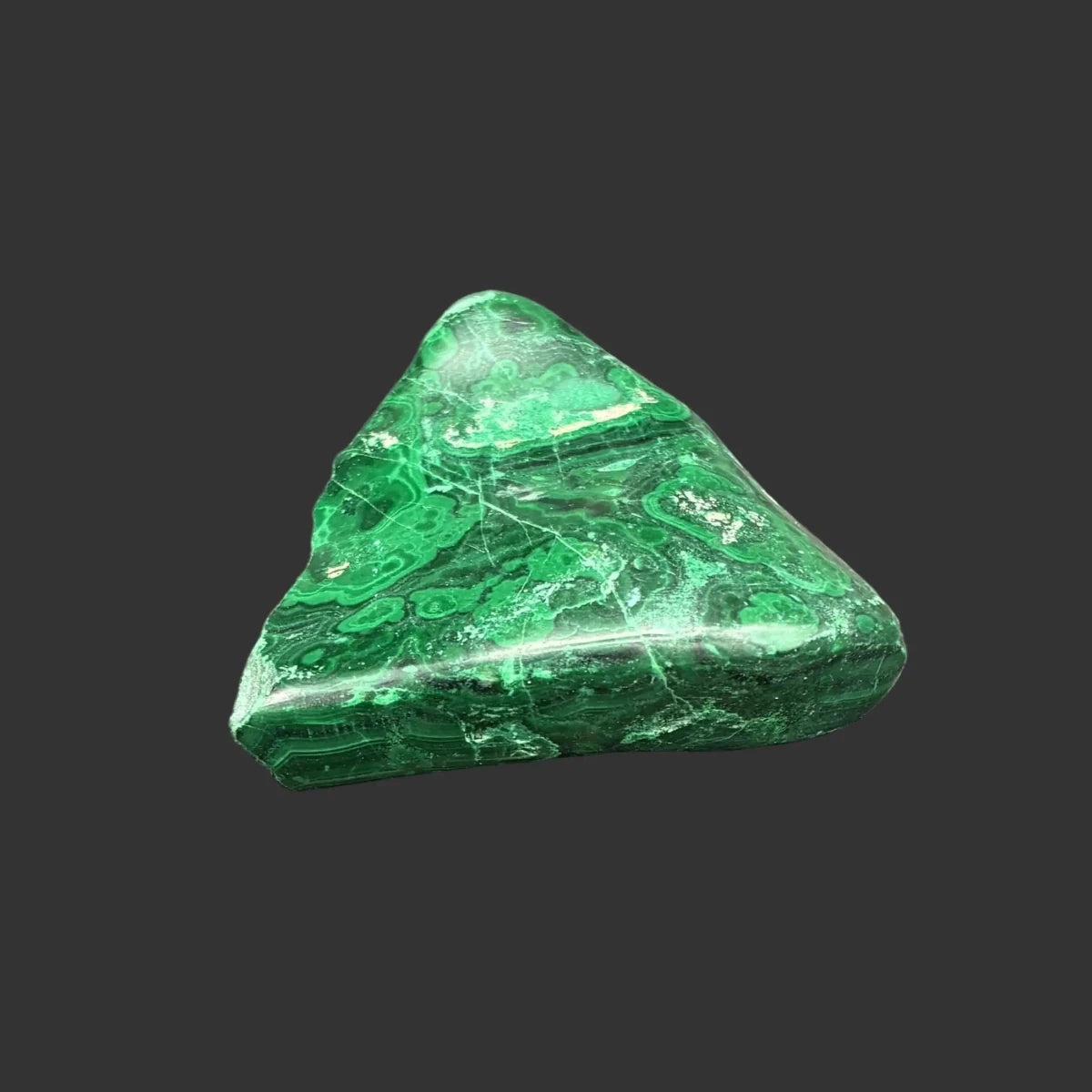 Side view of this polished green Malachite specimen, in front of a black background.