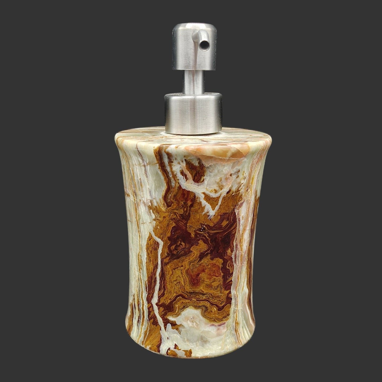 This is the front view of this polished onyx soap or lotion dispenser.