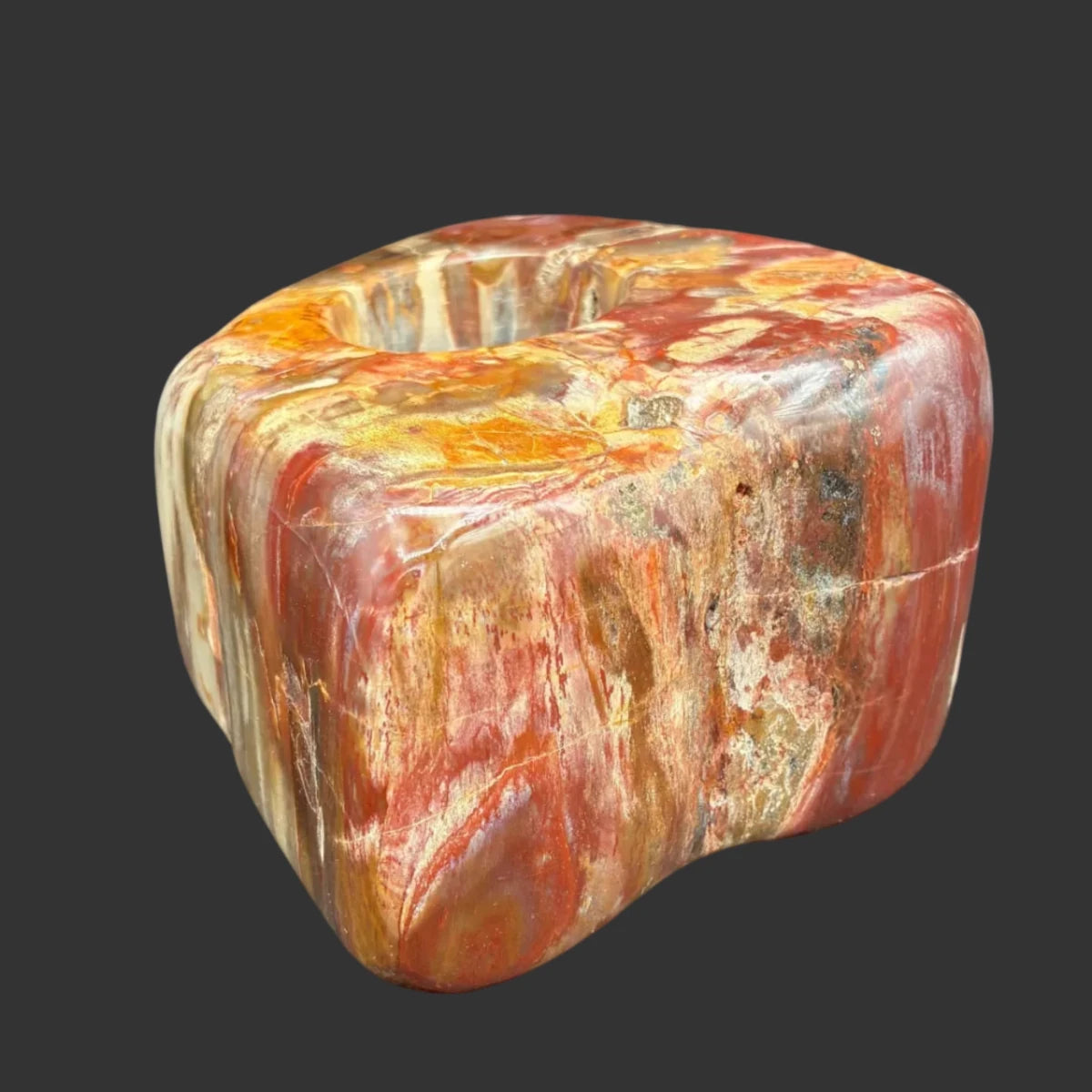 Left side of this polished petrified wood candle holder, in front of a lack background.